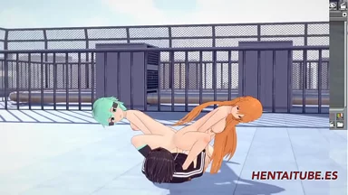 Art Online Hentai 3D: Ba người, Asuana và Asada dùng mông thủ dâm cho Kirito và anh ấy xuất tinh lên mông cô ấy - Phim hoạt hình Nhật Bản manga cartoon khiêu dâm